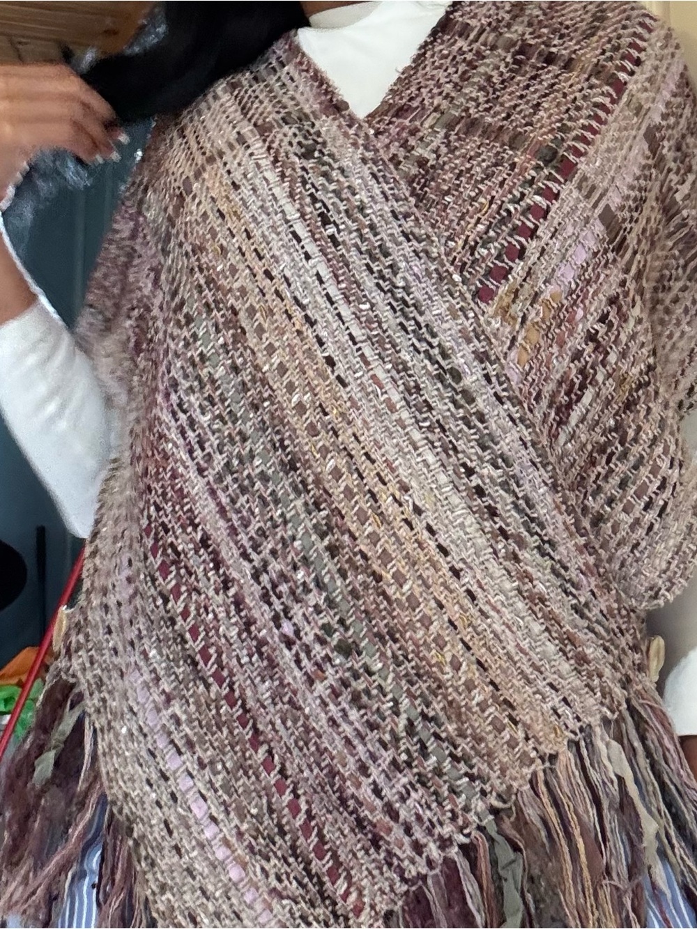 Soft Knit Fringe Poncho in Mauve and Taupe